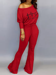 Faith & Love Print Jumpsuit Flare Leg Drawstring Waist Casual Jumpsuit