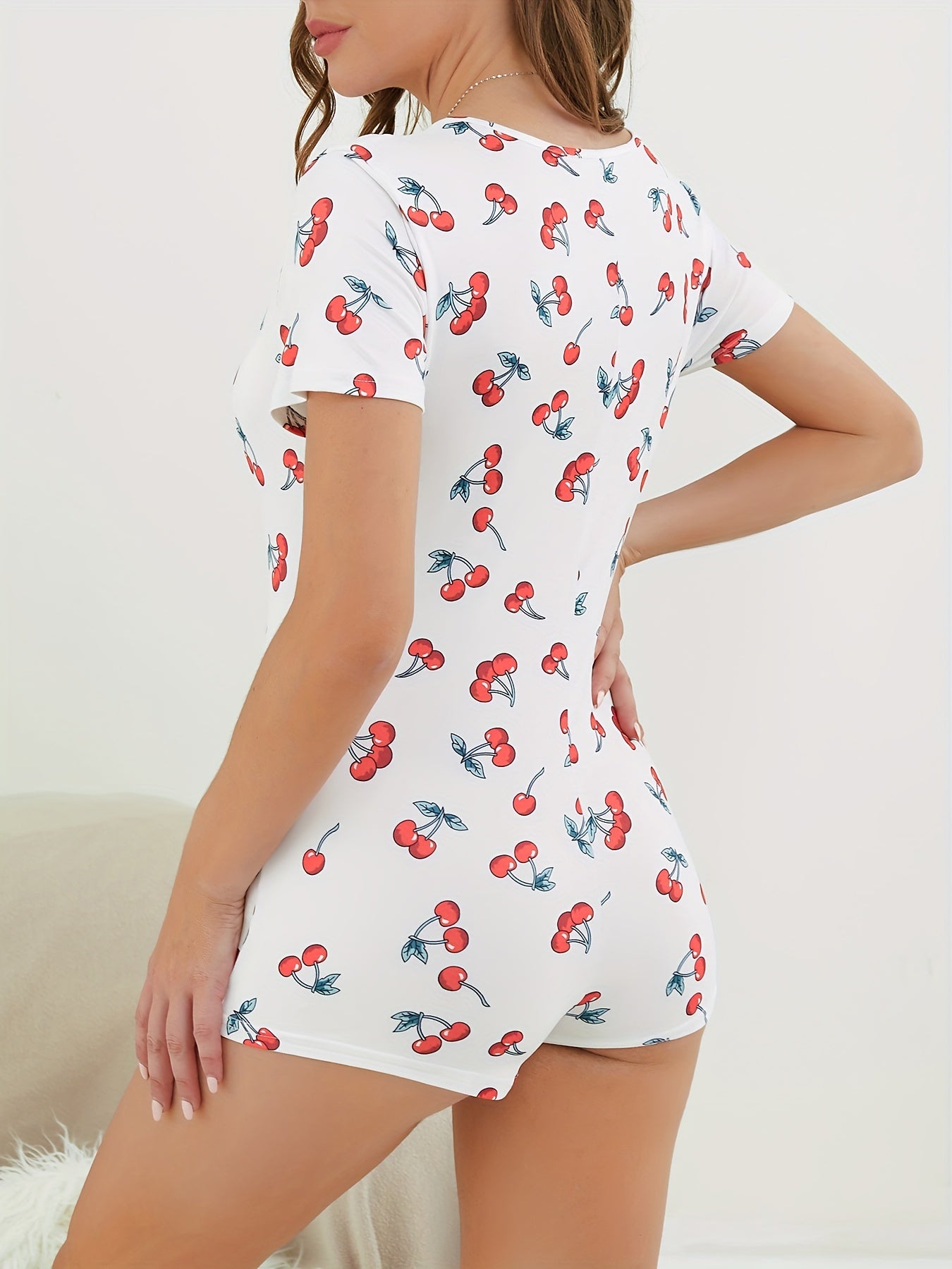 Cherry Print V Neck Jumpsuit Sleepwear