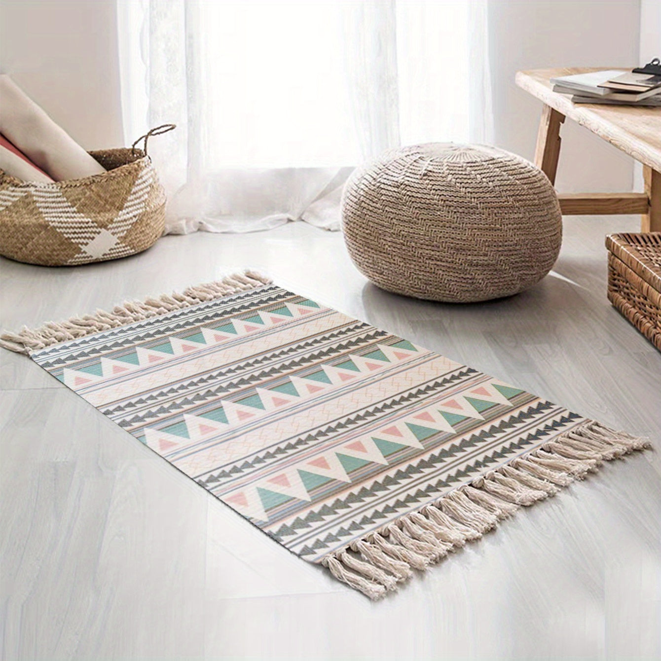 Boho Rainbow Tassel Mat, Cotton Linen, Room Decor
