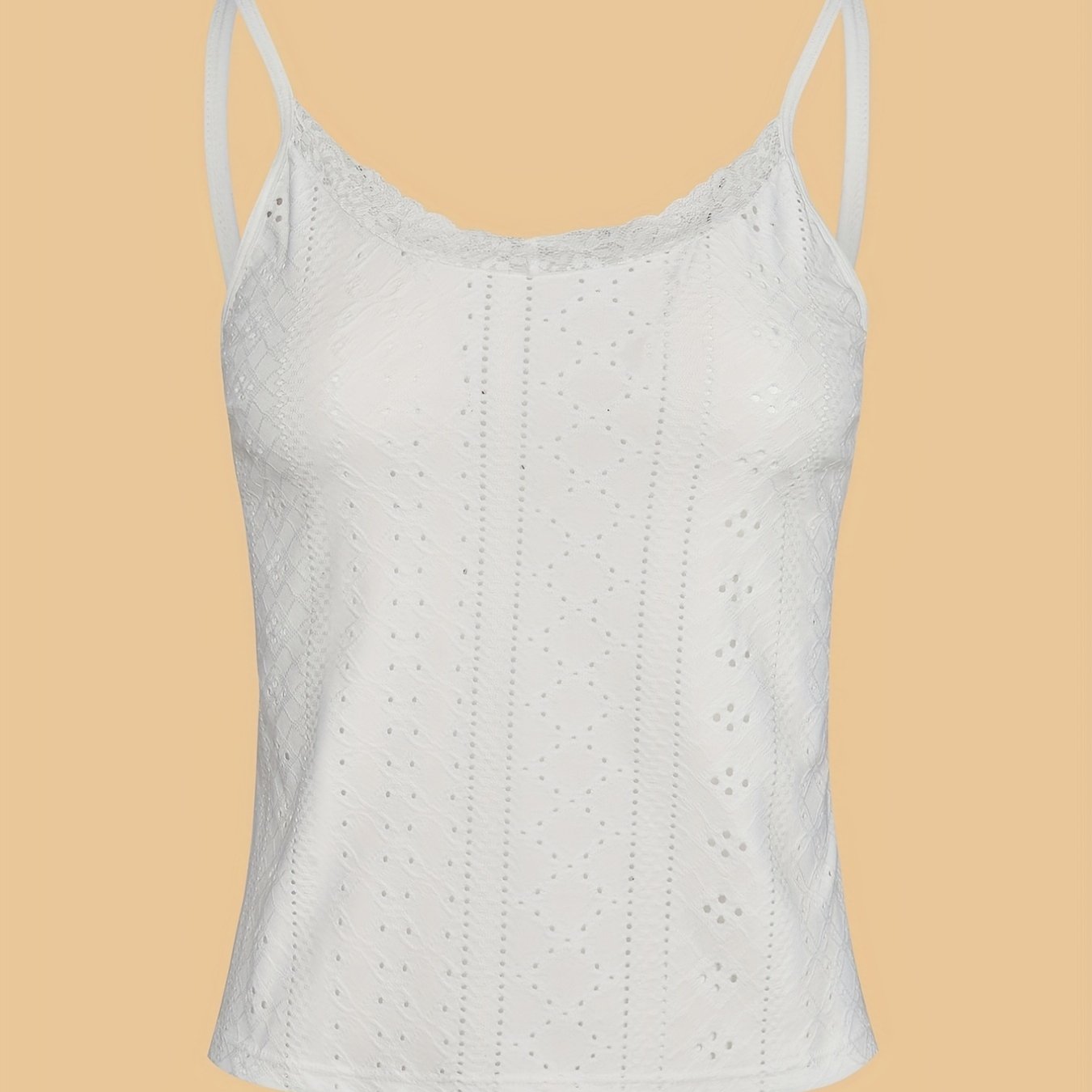 Eyelet Spaghetti Straps Cami Top with Lace Trim