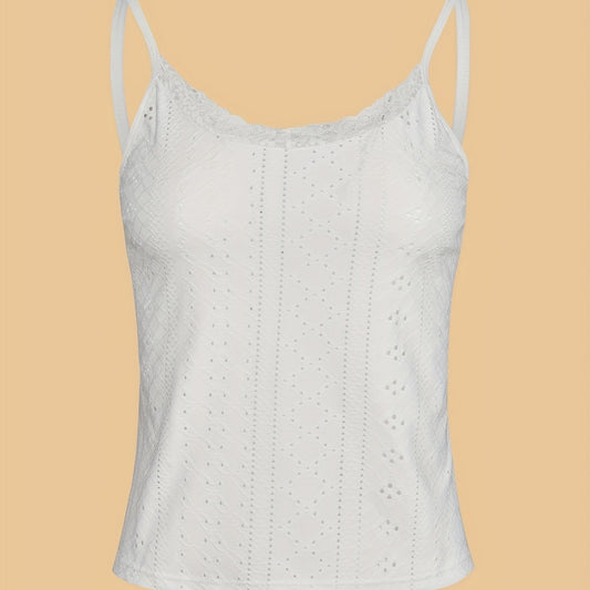 Eyelet Spaghetti Straps Cami Top with Lace Trim
