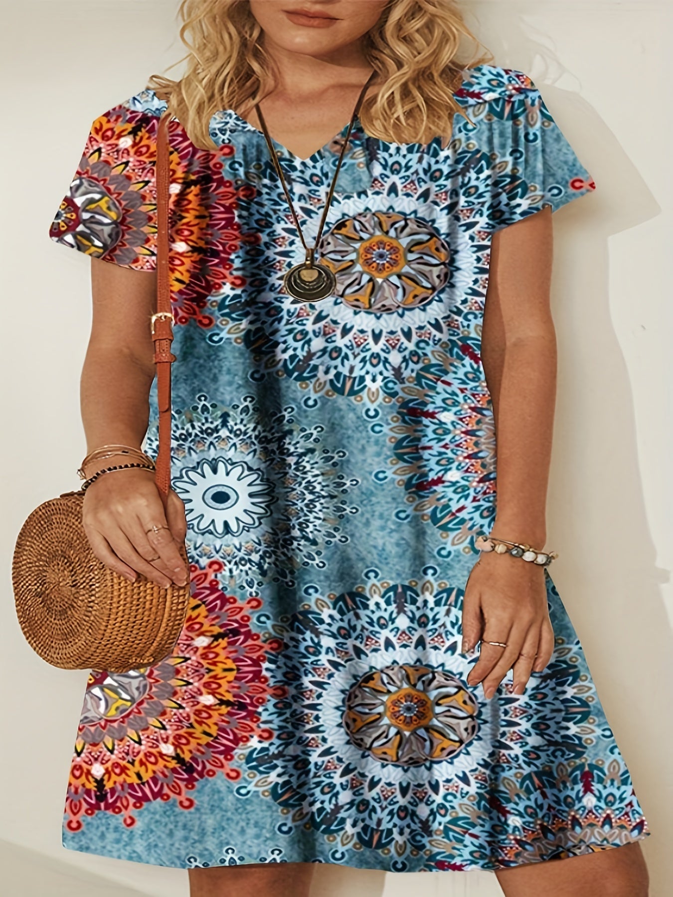 Women's Plus Tile Print V Neck Stretch Dress