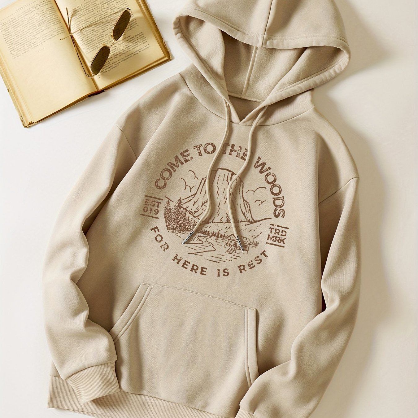 Scenes & Letter Ring Print Hooded Shirt Solid Long Sleeve Sweatshirt