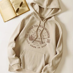 Scenes & Letter Ring Print Hooded Shirt Solid Long Sleeve Sweatshirt