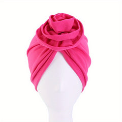 Flower Decor Ruched Turban Cap Solid Bonnet Head Wrap Head Scarf Elastic Beanie
