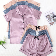 Satin Pajama Set Short Sleeve Top & Bow Shorts Women's Sleepwear