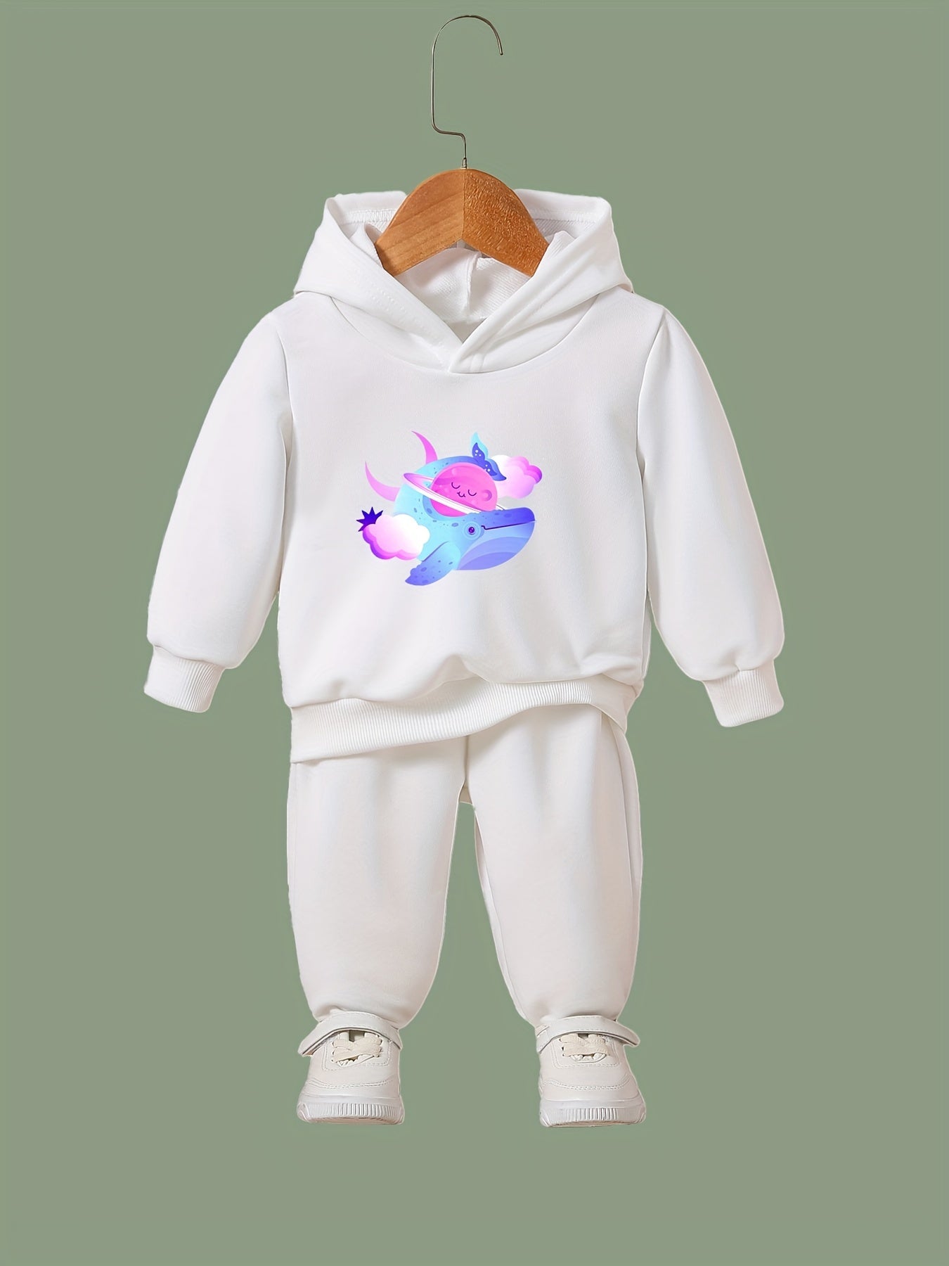 Cartoon Whale Hooded Sweatshirt and Solid Sweatpants Set for Girls