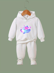 Cartoon Whale Hooded Sweatshirt and Solid Sweatpants Set for Girls