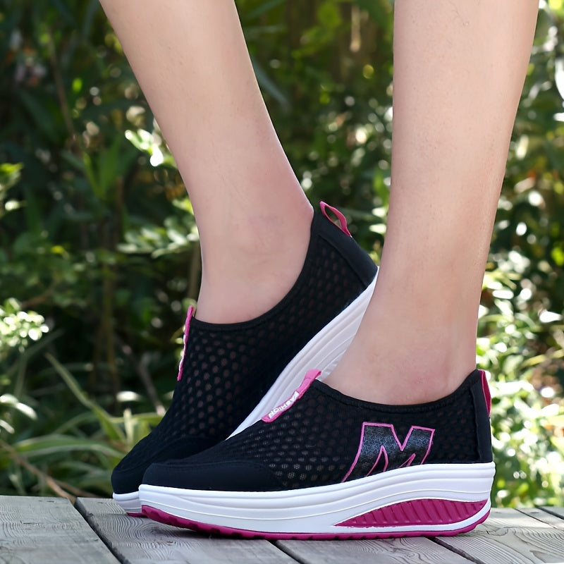 Women's M Pattern Slip-on Mesh Wedge Sneakers Lightweight Sporty Walking Shoes