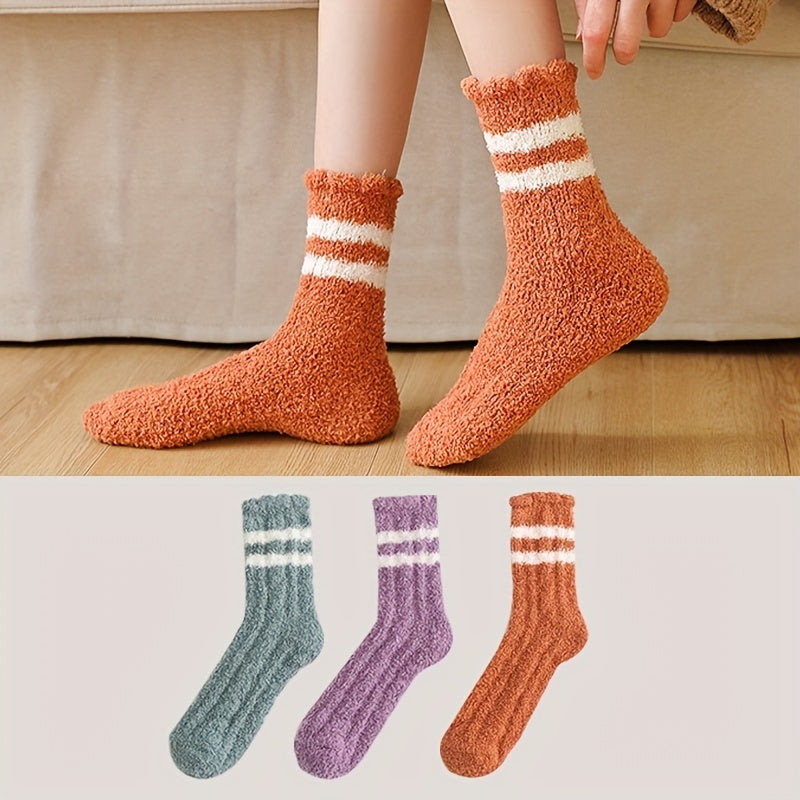 3 Pairs Striped Fuzzy Socks Comfy & Warm Floor Socks Women's Stockings