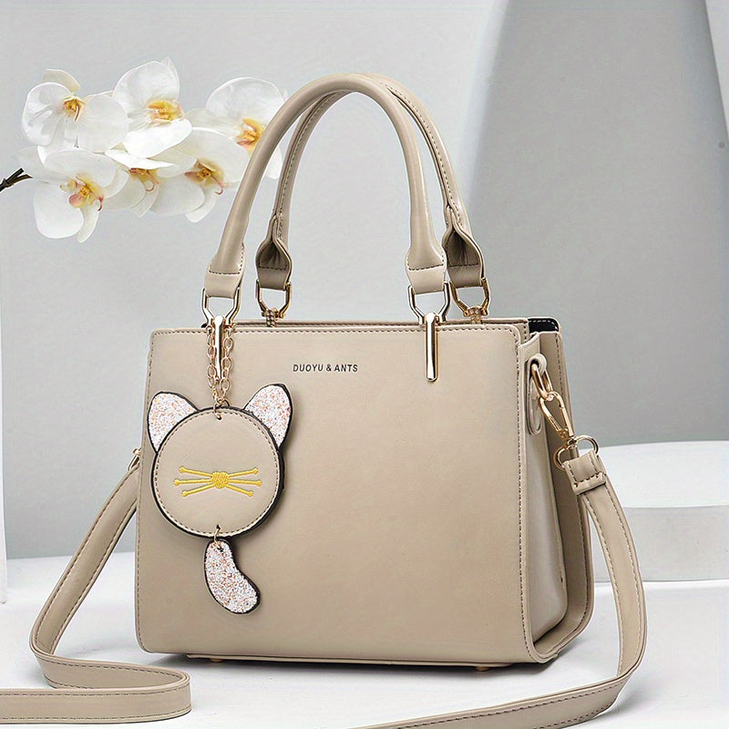Letter Decor Square Tote Bag with Pendant Women's Shoulder Bag & Purse