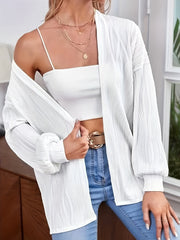Solid Striped Lantern Sleeve Open Front Cardigan