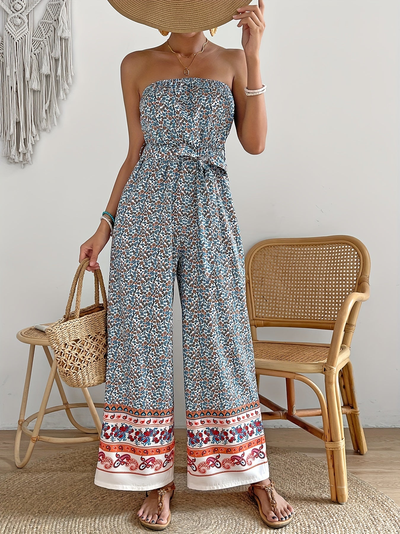 Boho Wide Leg Jumpsuit Sleeveless Tie Waist Tube Jumpsuit