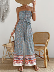 Boho Wide Leg Jumpsuit Sleeveless Tie Waist Tube Jumpsuit