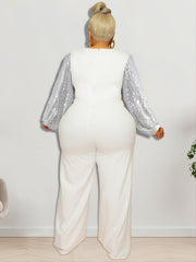 Contrast Sequin Sleeve Wide Leg Jumpsuit Plus Size High Stretch Party Jumpsuit