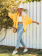 Yellow Ripped Holes Denim Jacket Long Sleeves Fringe Trim Distressed Denim Coat