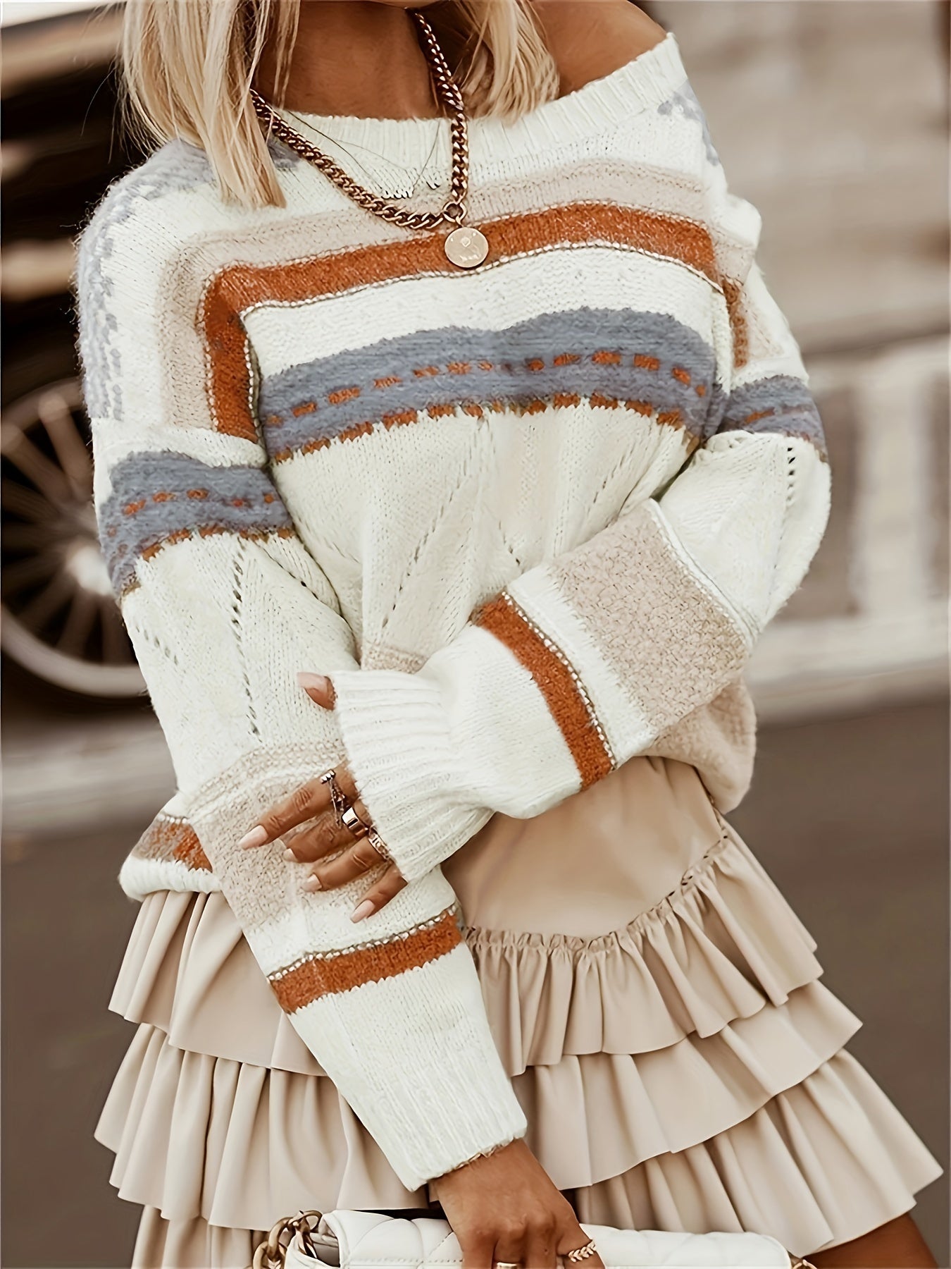 Casual Sweater Women's Plus Colorblock Stripe Print