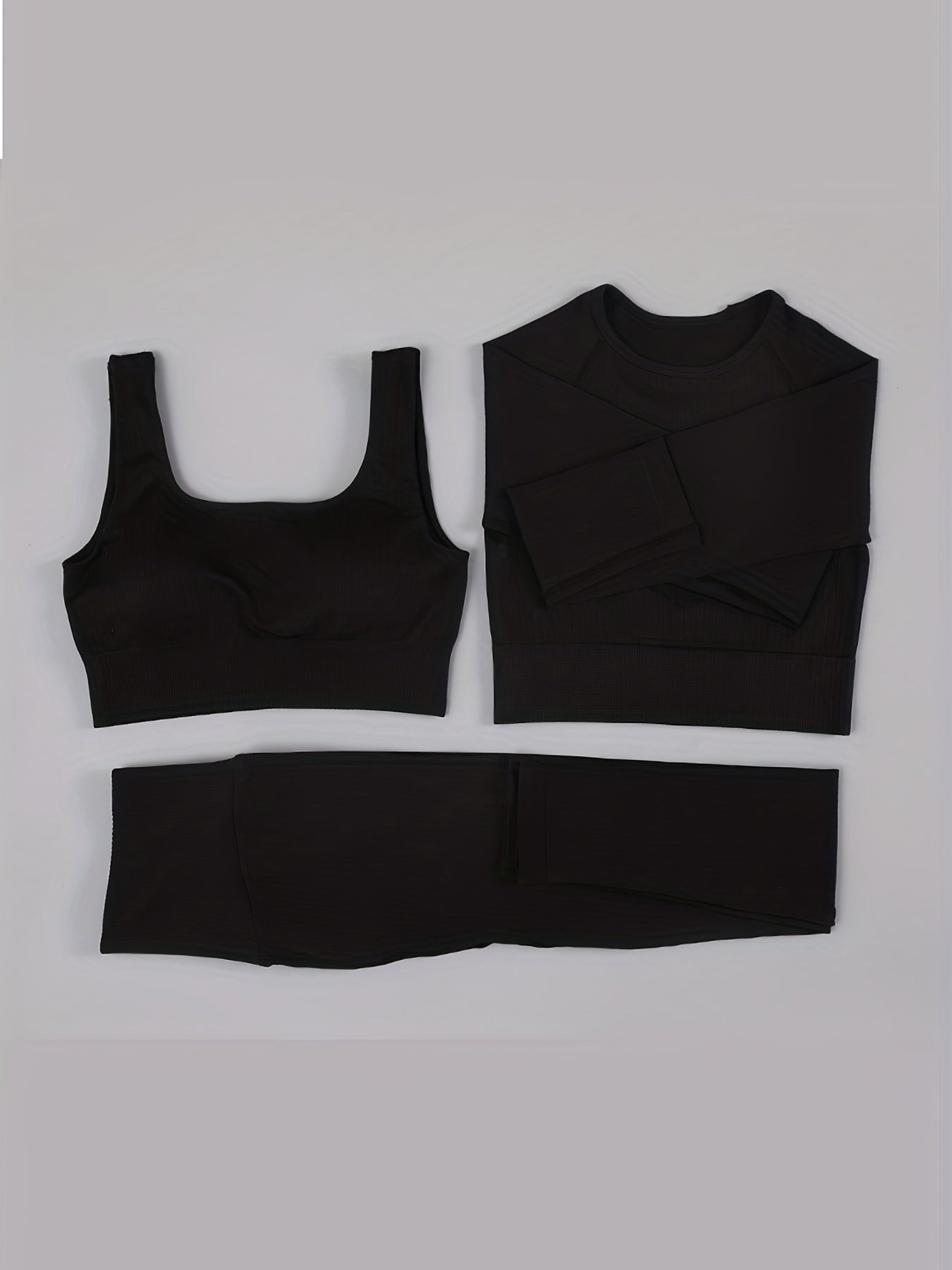 Rib Knit Yoga Set High Stretch Long Sleeve Top & Leggings Sports Suit