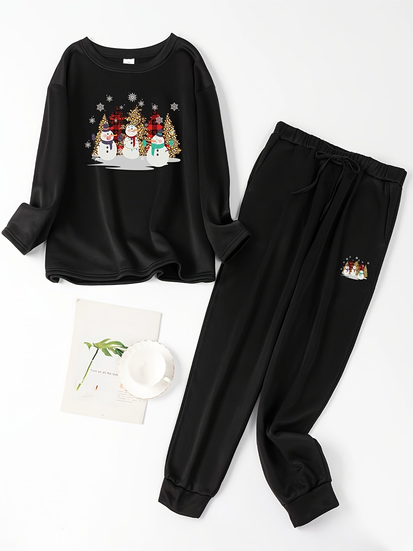 Women's Plus Christmas Tree & Snowman Fleece Pajamas Set