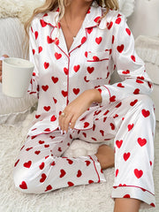 Heart Print Satin Pajamas Set Cute Long Sleeve Top & Pants Women's Loungewear