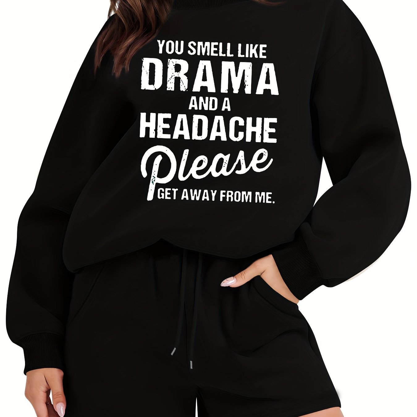 Slogan Print Fleece Pullover Top & Drawstring Shorts Outfit Set
