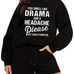 Slogan Print Fleece Pullover Top & Drawstring Shorts Outfit Set