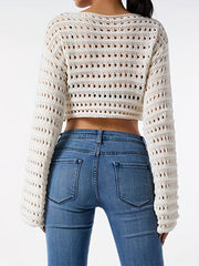 Y2K Crochet Crop Top Long Sleeve Solid Casual Top Women