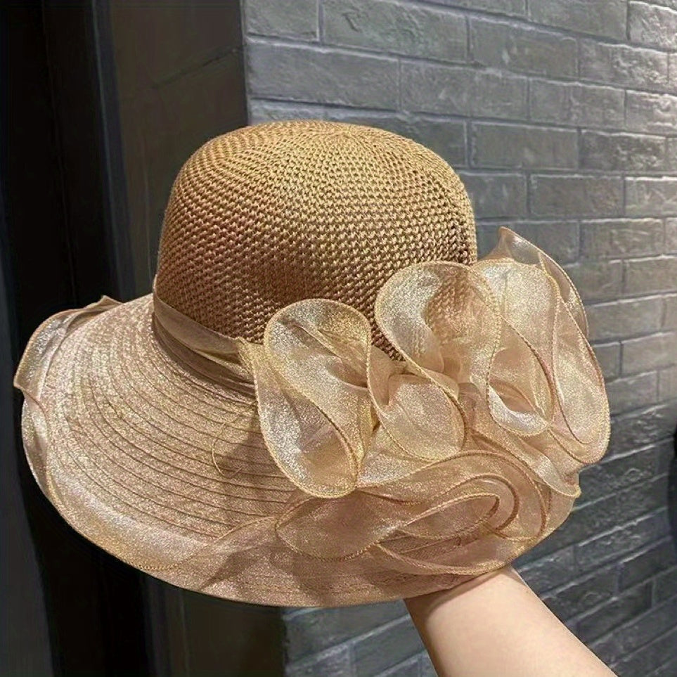 Mesh Flower Decor Sun Hat Organza Ruffles Derby Hat