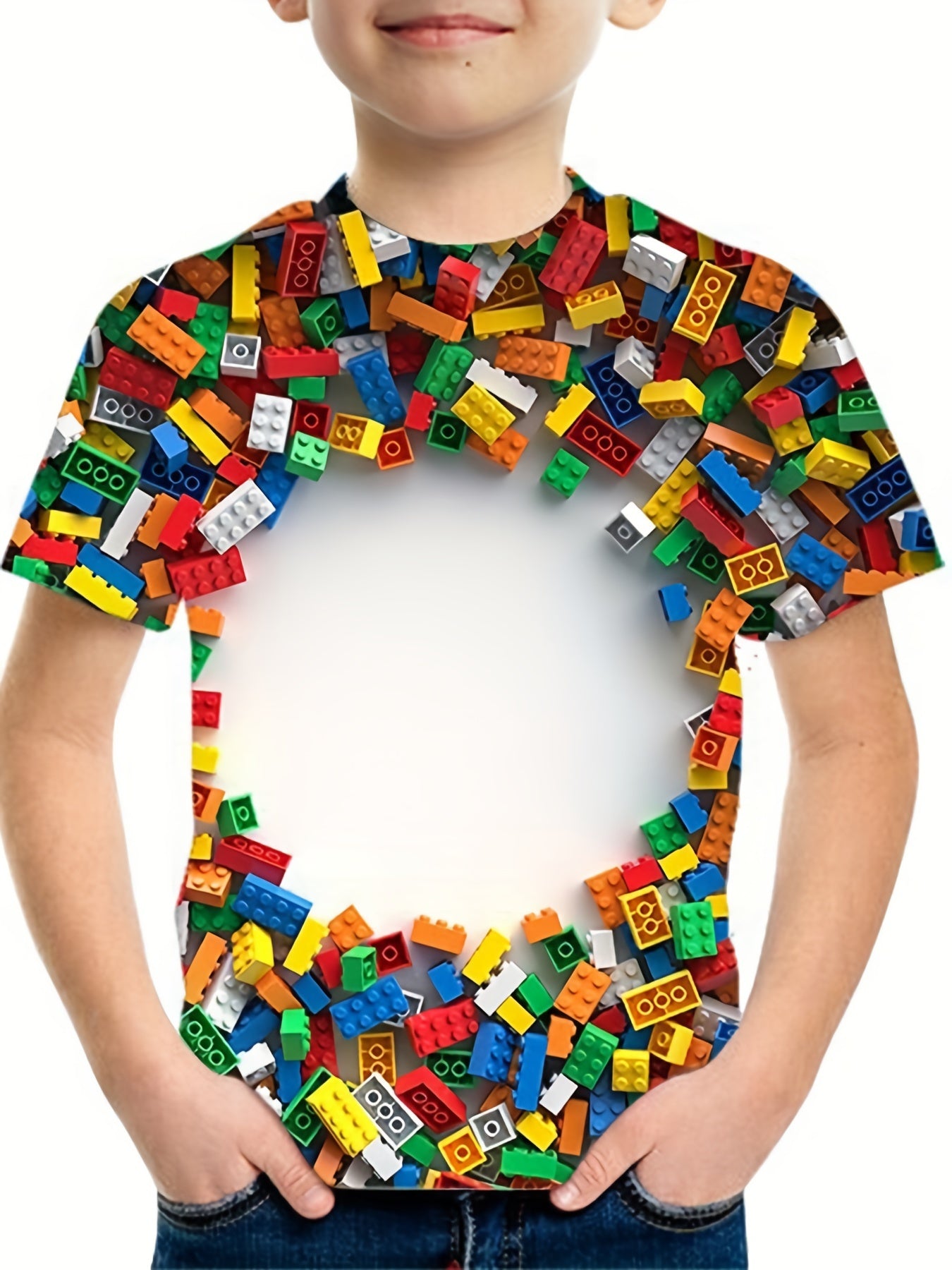 Boys 3D Building Blocks Graphic T Shirt Casual Stretchy Tee