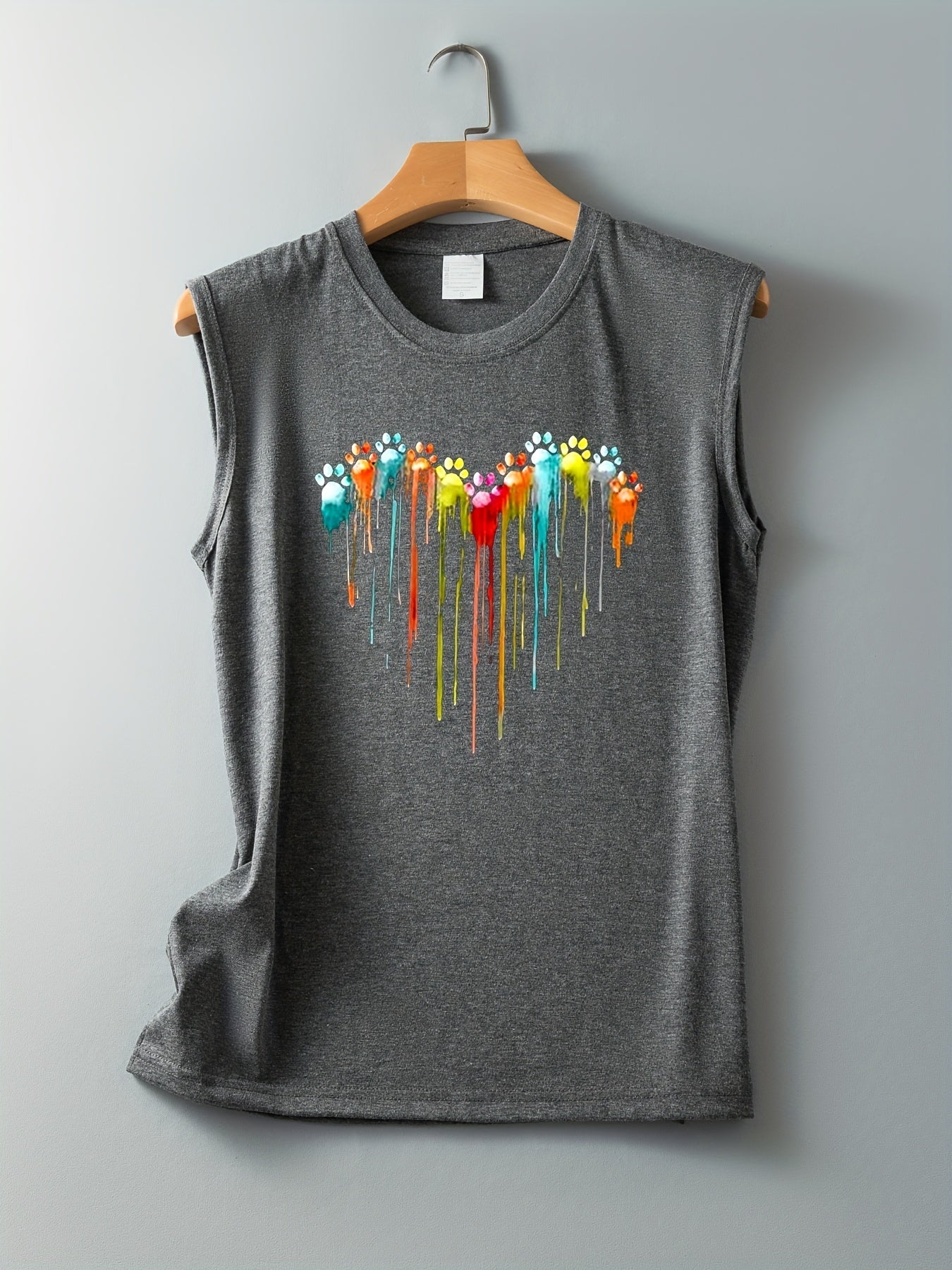Colorful Paw Print Crew Neck Tank Top Women's Clothing