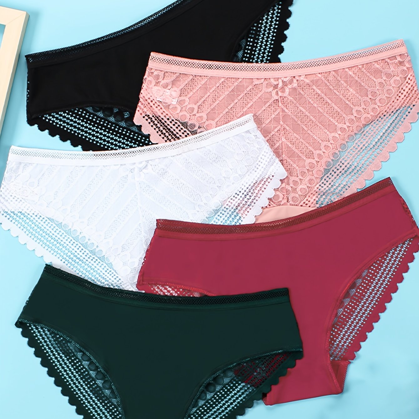 5pcs Lace Stitching Briefs Comfy & Breathable Semi-sheer Panties