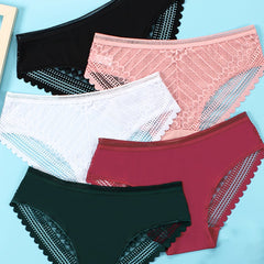5pcs Lace Stitching Briefs Comfy & Breathable Semi-sheer Panties