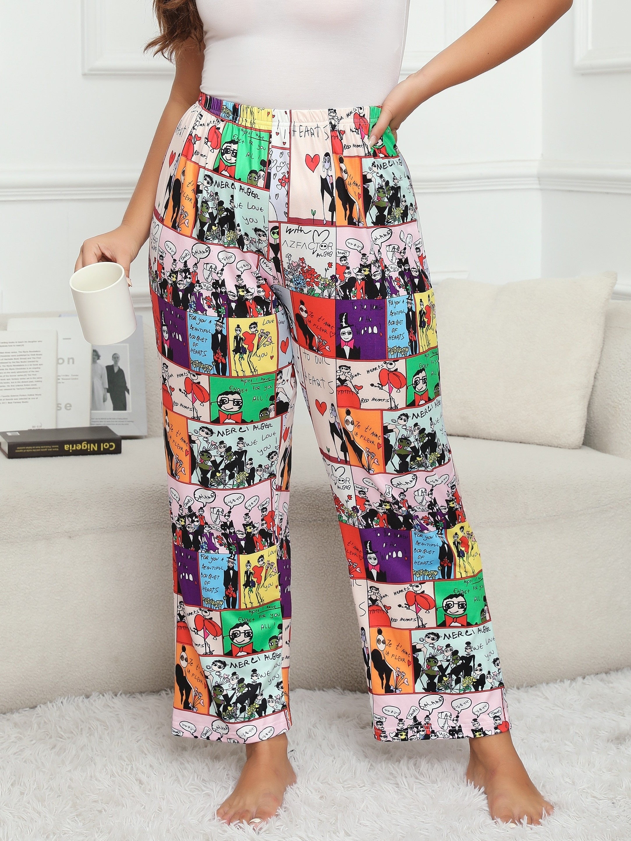 Women's Plus Pop Art Print High Rise Pajama Pants