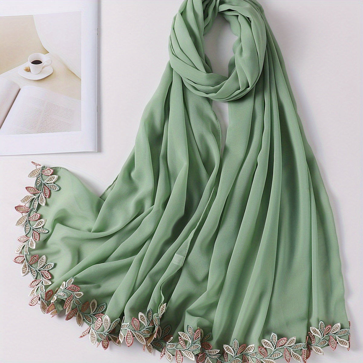 Leaf Embroidery Hijab Lace Chiffon Scarf Solid Thin Breathable Shawl