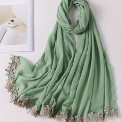Leaf Embroidery Hijab Lace Chiffon Scarf Solid Thin Breathable Shawl