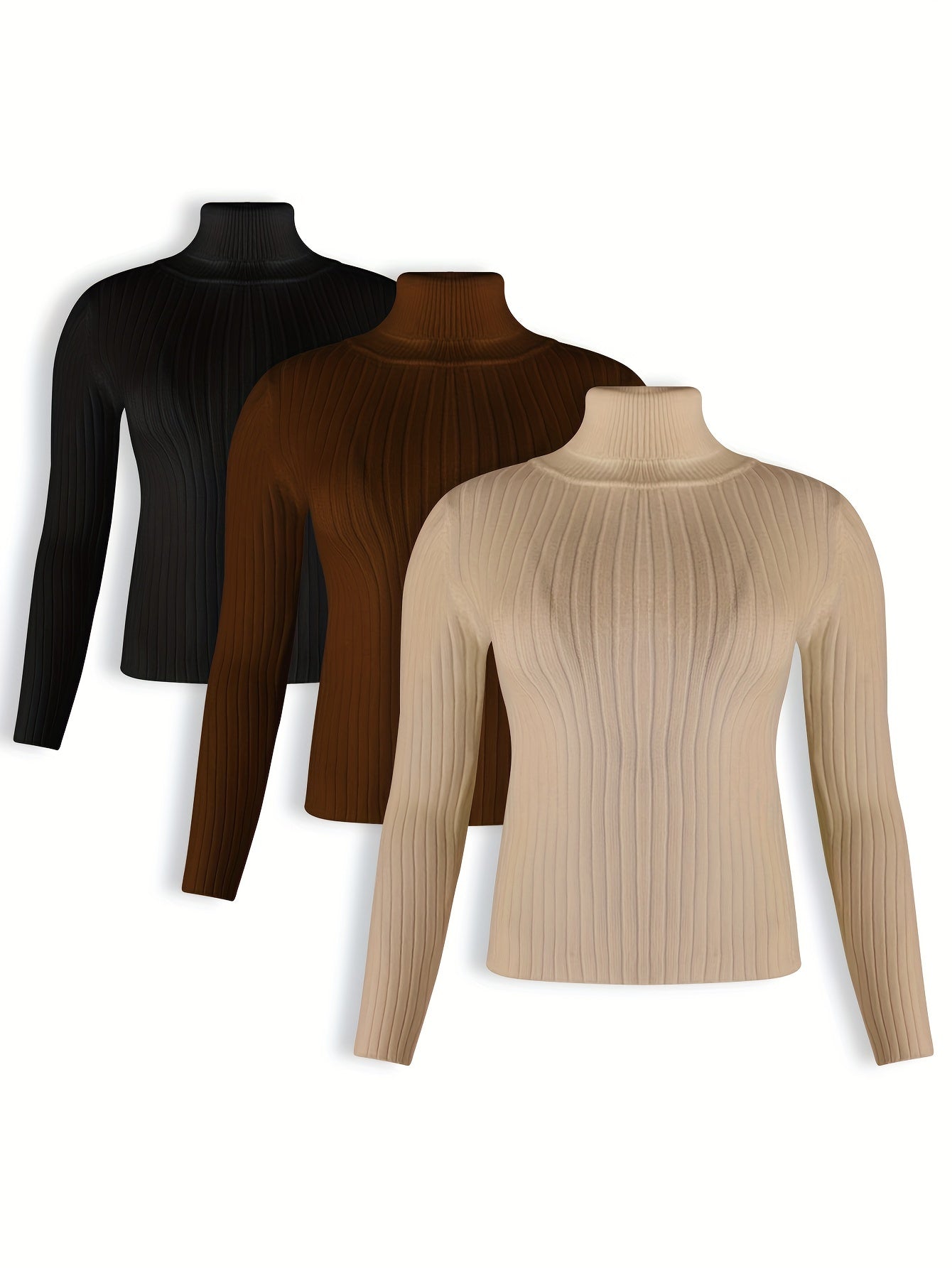 3 Pack Plus Size Ribbed Sweater Set High Neck Jumper