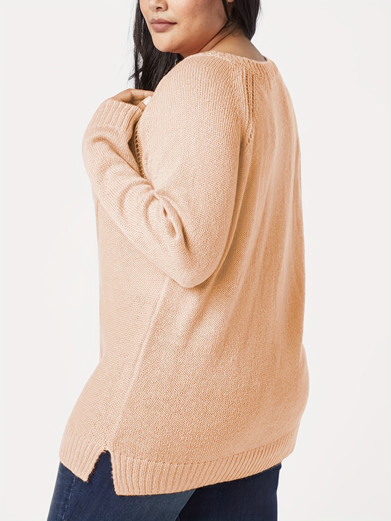 V Neck Long Sleeve Sweater Solid Jacquard Medium Stretch