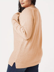 V Neck Long Sleeve Sweater Solid Jacquard Medium Stretch