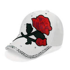 Red Rose Patch Baseball Cap Rhinestone Decor Y2K Sports Hat