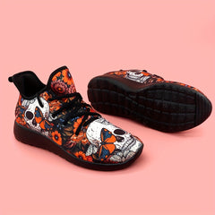Women's Skull & Flowers Print Sneakers Lace Up Outdoor Shoes