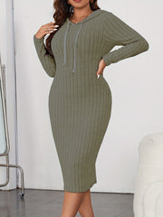 Solid Ribbed Long Sleeve Drawstring Hooded Dress