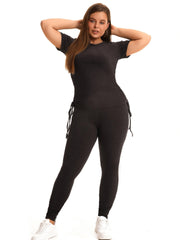 Side Drawstring Tee & Leggings Set Women's Plus Stretch Outfits