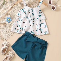 2pcs Baby Girls Floral Camisole Top & Shorts Set with Belt