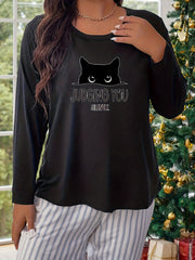 Cat & Letter Print Long Sleeve Pajama Top