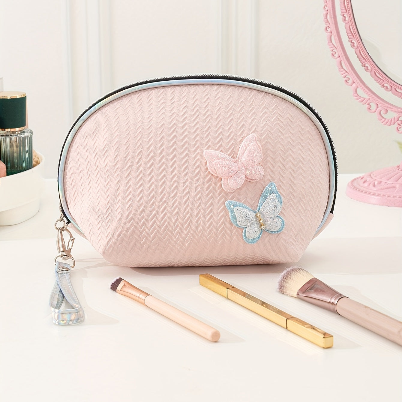 Pink Glitter Butterfly Makeup Toiletries Bag