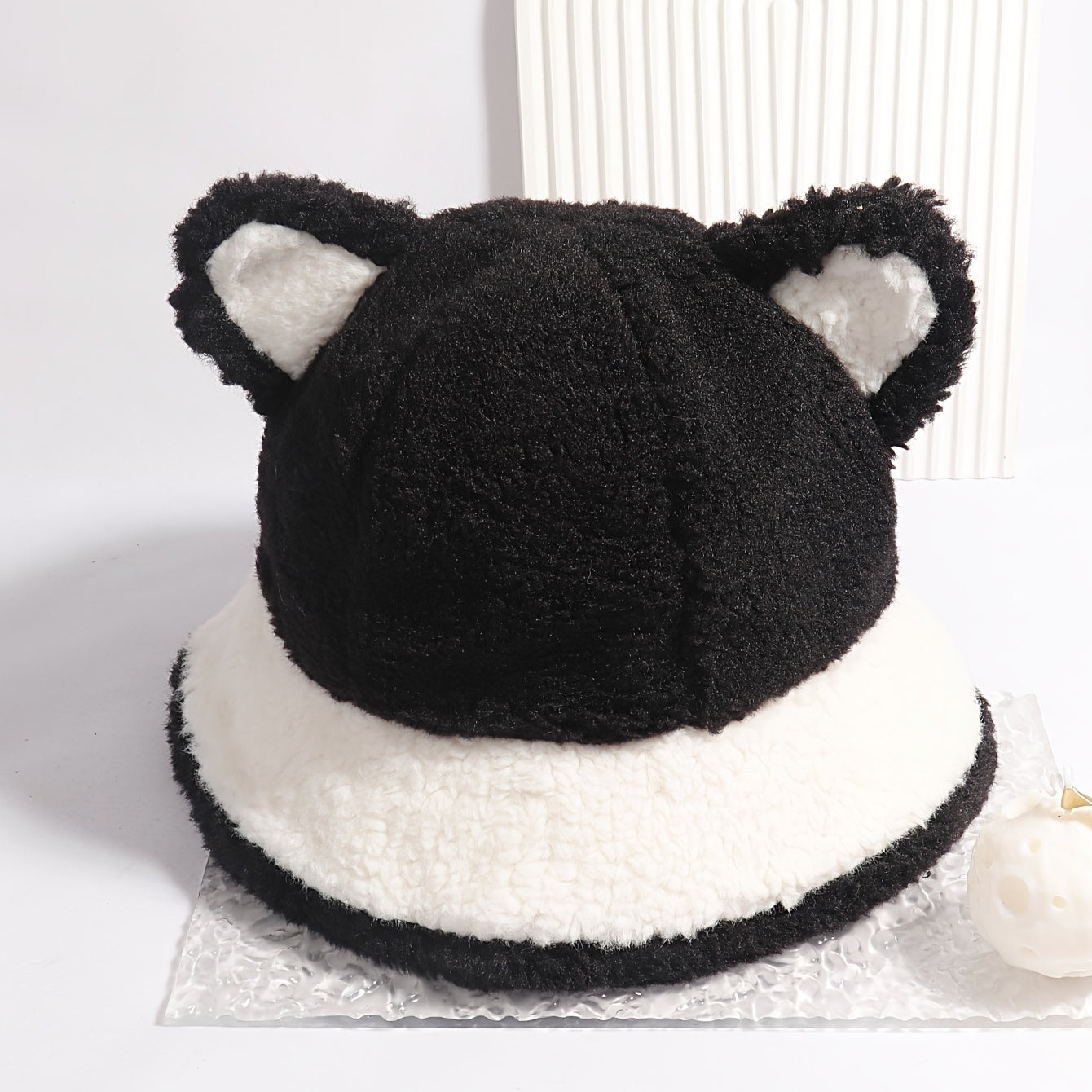 Women's Winter Furry Bucket Hat with Panda Bear Stitching