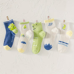 5 pairs Boys Cartoon Pattern Socks Knitted Soft Crew Socks