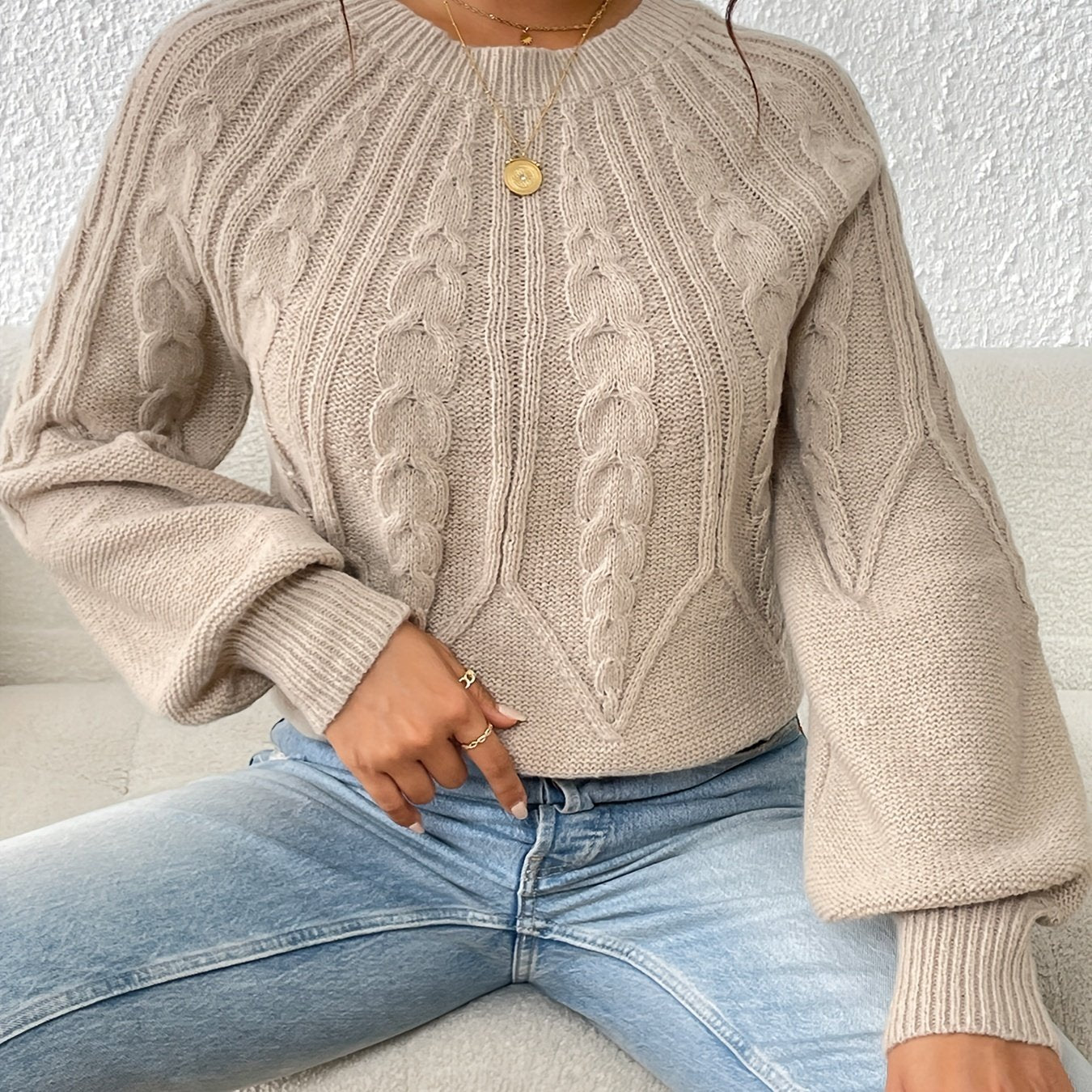 Solid Crew Neck Pullover Sweater Lantern Sleeve Criss Ruffle Trim Knit