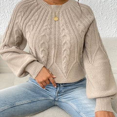 Solid Crew Neck Pullover Sweater Lantern Sleeve Criss Ruffle Trim Knit