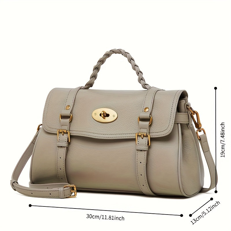 Cowhide Leather Handbag w/ Adjustable Strap & Buckle Closure Khaki C